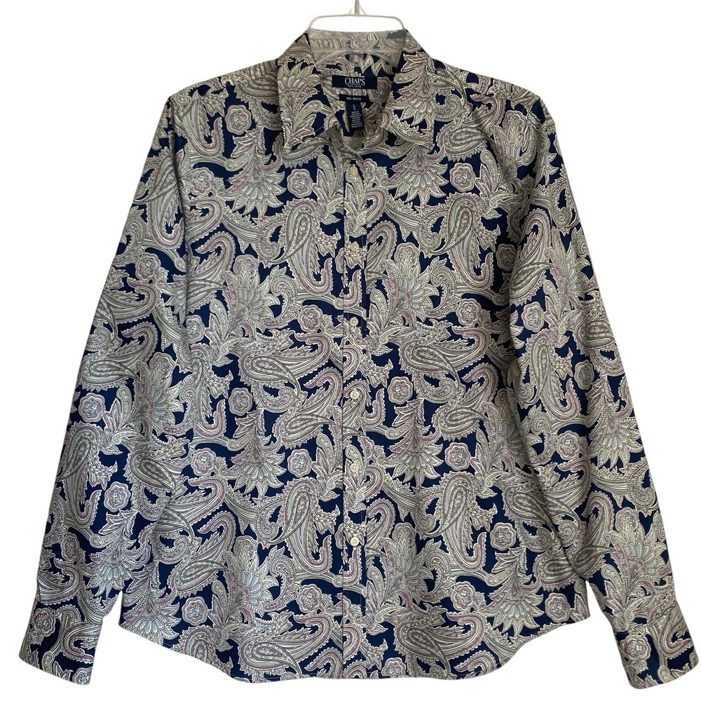 Chaps No Iron Dress Shirt Women Size L Blue Paisley Long Sleeve Button Up